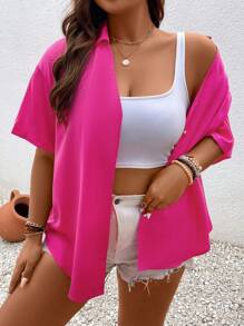 SHEIN LUNE Hơn Chất rắn Thả vai Áo sơ mi - Màu Hồng Tươi - Xem 6