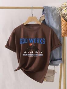 SHEIN Unity Mountain And Letter Graphic Tee - Coffee Brown - View 1