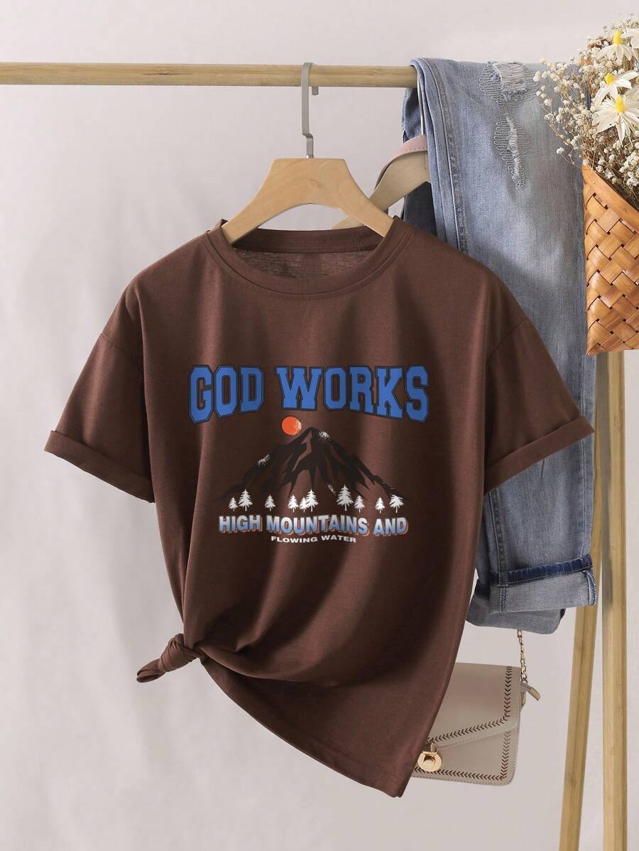 SHEIN Unity Mountain And Letter Graphic Tee - Coffee Brown - View 1