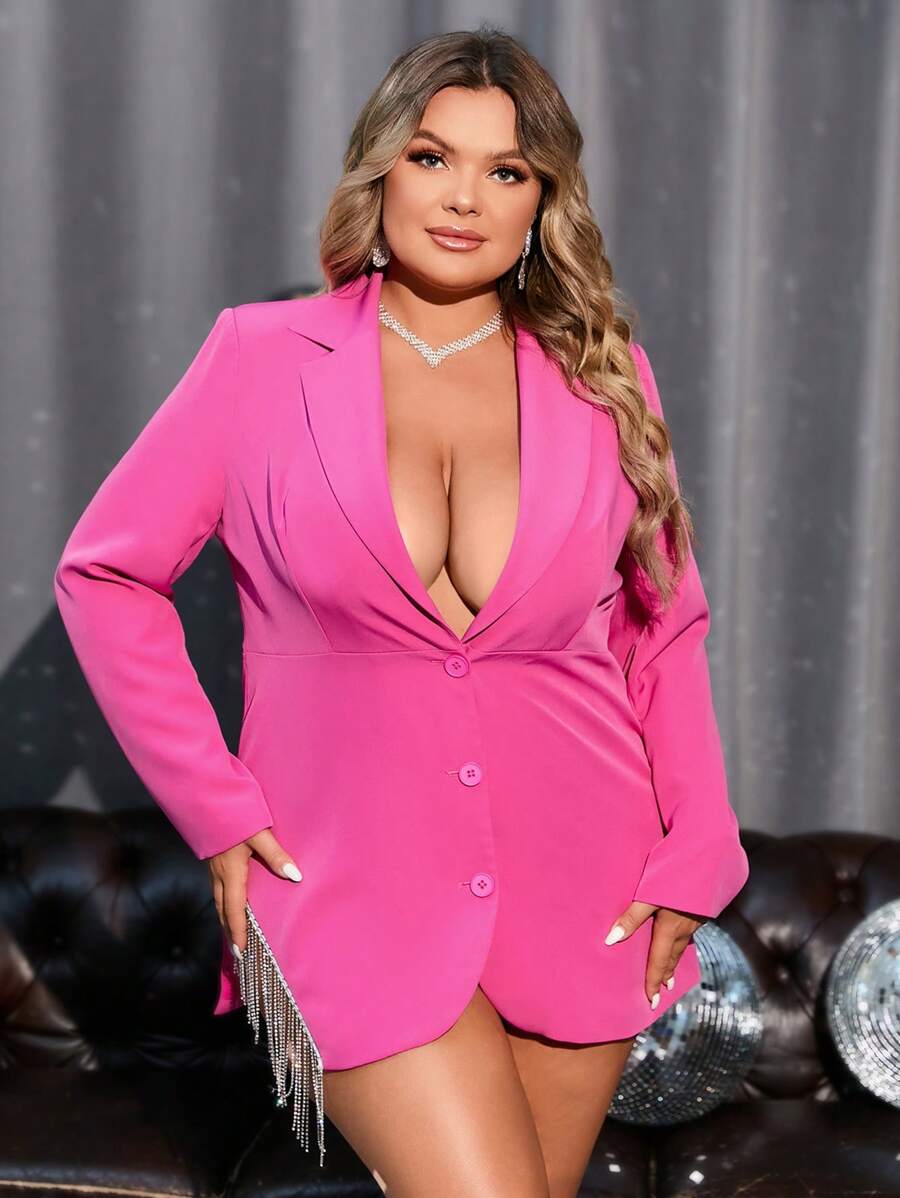 Double Crazy 大碼西裝領單排釦西裝外套 - 玫紅色 - 查看 1