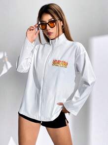 SHEIN LUNE Letter Graphic Drop Shoulder Zip Up Coat - White - View 1