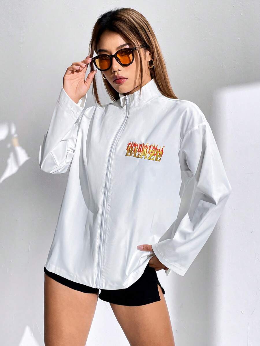 SHEIN LUNE Letter Graphic Drop Shoulder Zip Up Coat - White - View 1