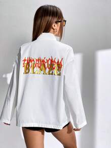 SHEIN LUNE Letter Graphic Drop Shoulder Zip Up Coat - White - View 2