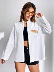 SHEIN LUNE Letter Graphic Drop Shoulder Zip Up Coat - White - View 6