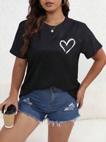 SHEIN LUNE 加心印花 T 恤 女式图案 T 恤 夏季 - 黑色 - 查看 4