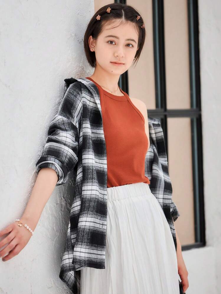 INAWLY チェック柄 ドロップショルダー シャツ、長袖トップス | SHEIN