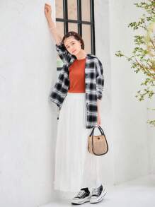 INAWLY チェック柄 ドロップショルダー シャツ、長袖トップス - ブラック&ホワイト - チェックする 4