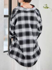 INAWLY チェック柄 ドロップショルダー シャツ、長袖トップス - ブラック&ホワイト - チェックする 5