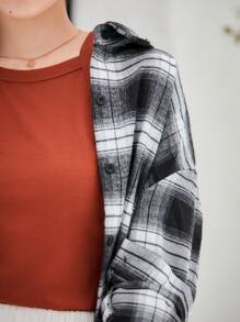 INAWLY チェック柄 ドロップショルダー シャツ、長袖トップス - ブラック&ホワイト - チェックする 8