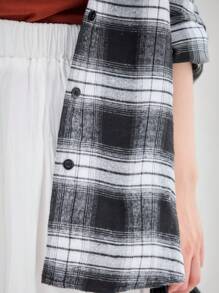 INAWLY チェック柄 ドロップショルダー シャツ、長袖トップス - ブラック&ホワイト - チェックする 9