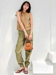 SHEIN BASICS Chất rắn Vòng cổ Áo ba lỗ Cho mùa hè - Màu Khaki - Xem 7