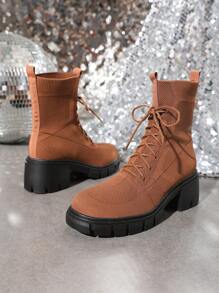 Thick Sole Round Toe Fashionable Short Boots - Brown - View 2