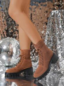 Thick Sole Round Toe Fashionable Short Boots - Brown - View 1