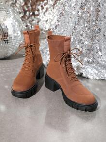 Thick Sole Round Toe Fashionable Short Boots - Brown - View 7