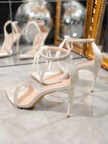 細跟尖頭繫帶涼鞋帶水鑽點綴,踝帶高跟鞋涼鞋 - 白色 - 查看 2