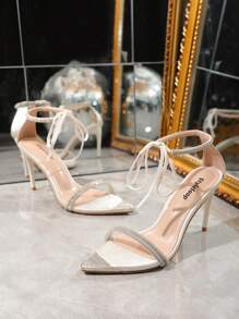 細跟尖頭繫帶涼鞋帶水鑽點綴,踝帶高跟鞋涼鞋 - 白色 - 查看 6