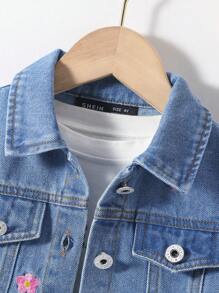 SHEIN 女小童花卉刺繡牛仔夾克不帶T恤 - 中等水洗藍 - 查看 3
