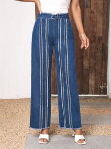 SHEIN Essnce High Waist Raw Trim Wide Leg Jeans Without Belt - Medium Wash - View 3