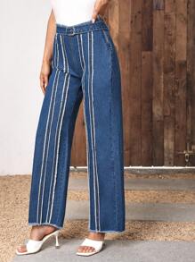 SHEIN Essnce High Waist Raw Trim Wide Leg Jeans Without Belt - Medium Wash - View 4