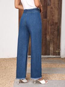 SHEIN Essnce High Waist Raw Trim Wide Leg Jeans Without Belt - Medium Wash - View 1