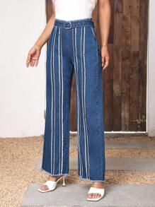 SHEIN Essnce High Waist Raw Trim Wide Leg Jeans Without Belt - Medium Wash - View 6