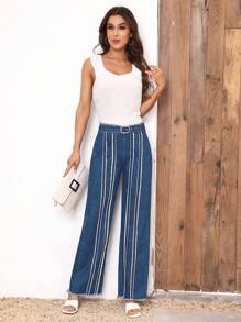 SHEIN Essnce High Waist Raw Trim Wide Leg Jeans Without Belt - Medium Wash - View 2