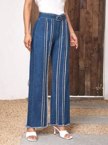 SHEIN Essnce High Waist Raw Trim Wide Leg Jeans Without Belt - Medium Wash - View 5