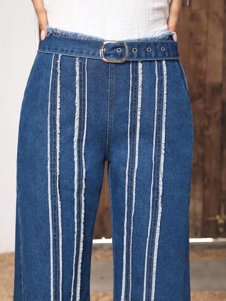 High Waist Raw Trim Wide Leg Jeans Without Belt