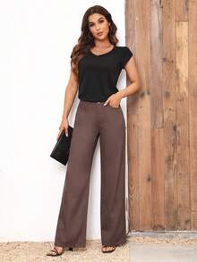 SHEIN LUNE Solid Wide Leg Jeans - Brown - View 2