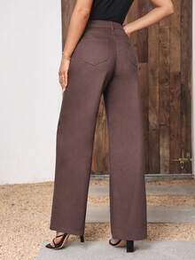 SHEIN LUNE Solid Wide Leg Jeans - Brown - View 3