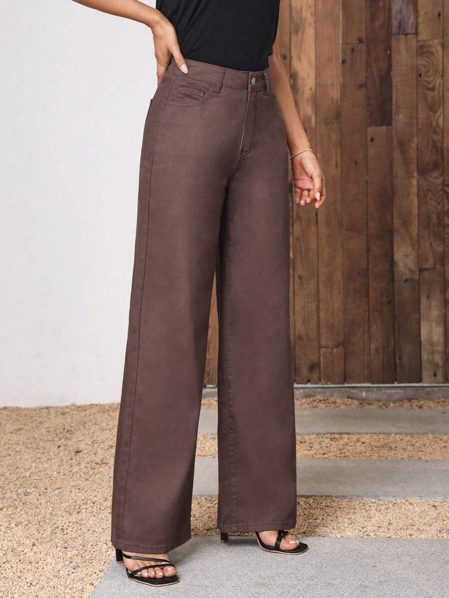 SHEIN LUNE Solid Wide Leg Jeans - Brown - View 1