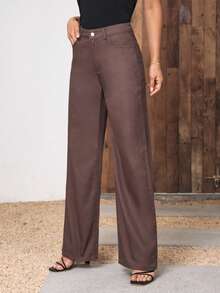 SHEIN LUNE Solid Wide Leg Jeans - Brown - View 6