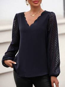 SHEIN Clasi 貝殼邊網紗拼接燈籠袖襯衫 - 藏蓝色 - 查看 5