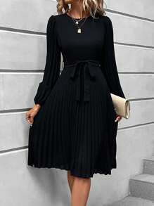 SHEIN LUNE 燈籠袖百褶下擺繫腰帶連衣裙 - 黑色 - 查看 3