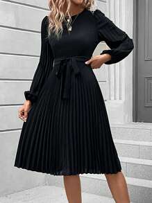 SHEIN LUNE 燈籠袖百褶下擺繫腰帶連衣裙 - 黑色 - 查看 5