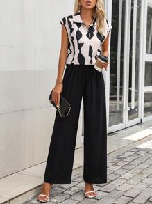 SHEIN LUNE Blusa con estampado de dibujo de manga murciélago & Pantalones de pierna ancha - Negro - Ver 1