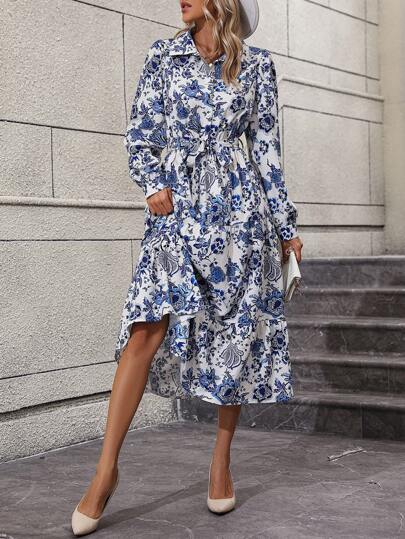 SHEIN Clasi 印花腰帶襯衫連衣裙