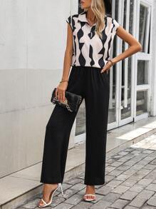 SHEIN LUNE Blusa con estampado de dibujo de manga murciélago & Pantalones de pierna ancha - Negro - Ver 5