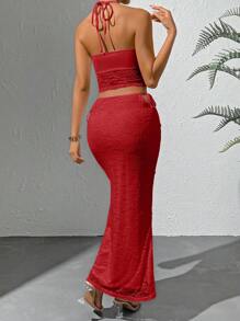 Allurite Tie Front Lace Halter Top & Skirt