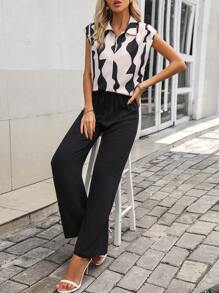 SHEIN LUNE Blusa con estampado de dibujo de manga murciélago & Pantalones de pierna ancha - Negro - Ver 6