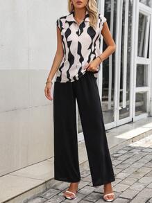 SHEIN LUNE Blusa con estampado de dibujo de manga murciélago & Pantalones de pierna ancha - Negro - Ver 7