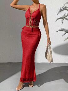 Allurite Tie Front Lace Halter Top & Skirt
