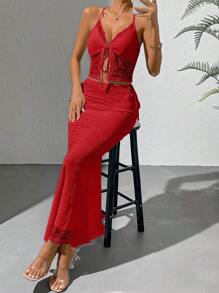 Allurite Tie Front Lace Halter Top & Skirt