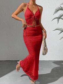 Allurite Tie Front Lace Halter Top & Skirt
