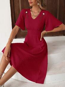 SHEIN LUNE Swiss Dot Butterfly Sleeve A-line Dress - Burgundy - View 1