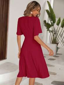 SHEIN LUNE Swiss Dot Butterfly Sleeve A-line Dress - Burgundy - View 2