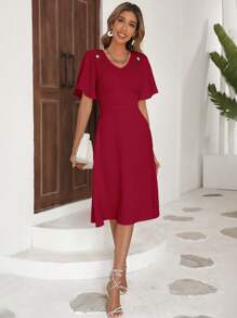 SHEIN LUNE Swiss Dot Butterfly Sleeve A-line Dress - Burgundy - View 3