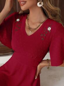 SHEIN LUNE Swiss Dot Butterfly Sleeve A-line Dress - Burgundy - View 5