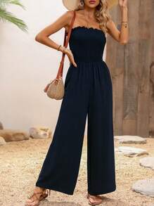 SHEIN VCAY 素色褶邊抹胸闊腿連體褲 - 藏蓝色 - 查看 1