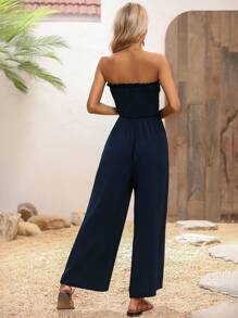 SHEIN VCAY 素色褶邊抹胸闊腿連體褲 - 藏蓝色 - 查看 2